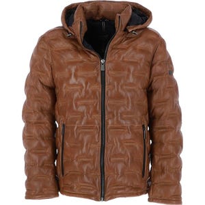May include: A brown leather jacket with a quilted pattern and a black zipper. The jacket has a hood and a black lining. The jacket has a zipper closure and two side pockets. The jacket is a medium brown color.