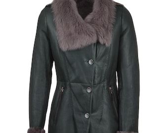 Women's Shearling Leather Coat Green : Vintage Fur Coat fully lined