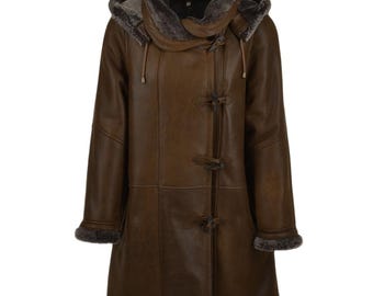 Damjacka med huva i brun vintagestil, fodrad med fuskpäls