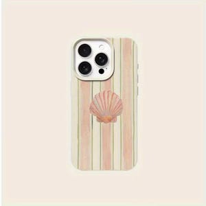May include: A phone case with a seashell design. The case features a cream-colored background with vertical stripes in shades of pink and green. A three-dimensional, light pink seashell is centered on the case.