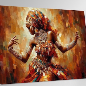 May include: An oil painting on canvas shows a woman in traditional African dress. The artwork uses a vibrant palette of orange, red, and gold. The woman wears ornate jewellery and a headdress, with her arms gracefully outstretched.