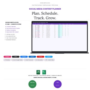 Pode incluir: Um planejador de conteúdo de mídia social exibido na tela de um laptop. O texto diz: "Planejar. Agendar. Rastrear. Crescer." Os recursos incluem um calendário de conteúdo, análises de plataforma e acesso vitalício. Ícones de plataformas de mídia social também são visíveis.
