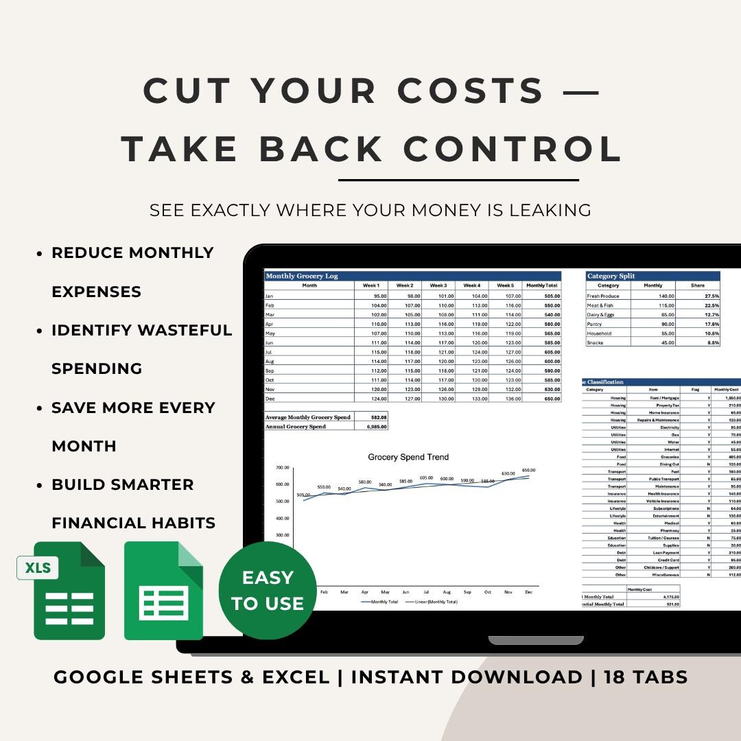 Cost Reduction Tracker Examples Cost Reduction Planner Excel & Google Sheets | Expense Cutting Tracker ...