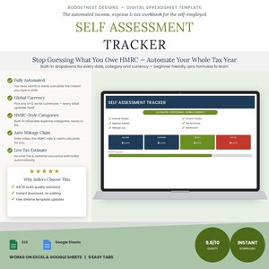 May include: A digital self-assessment tracker spreadsheet template for Excel and Google Sheets. The interface displays income, expense, profit, and tax estimate modules with a dark blue, green, and red color scheme. Text includes "Self Assessment Tracker" and "Stop Guessing What You Owe HMRC."