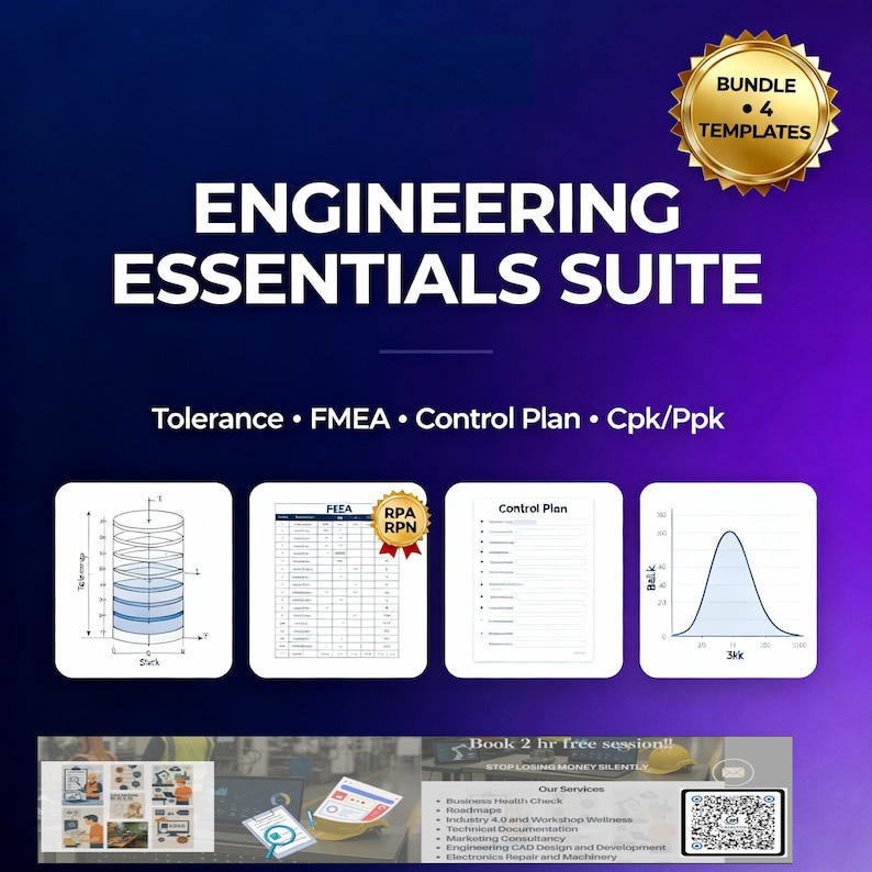 Pode incluir: Um gr&aacute;fico digital que promove um Engineering Essentials Suite. A imagem apresenta o texto "ENGINEERING ESSENTIALS SUITE" e inclui quatro modelos: Toler&acirc;ncia, FMEA, Plano de controle e Cpk/Ppk. Um distintivo dourado diz "BUNDLE 4 TEMPLATES".