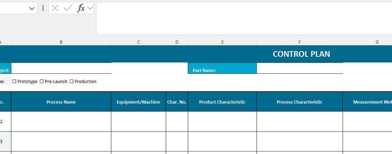 Pode incluir: Uma folha de c&aacute;lculo com um cabe&ccedil;alho turquesa rotulado "CONTROL PLAN". O formul&aacute;rio inclui campos para "Project", "Part Name" e caixas de sele&ccedil;&atilde;o para "Prototype", "Pre-Launch" e "Production". Abaixo est&atilde;o colunas para entrada de dados.