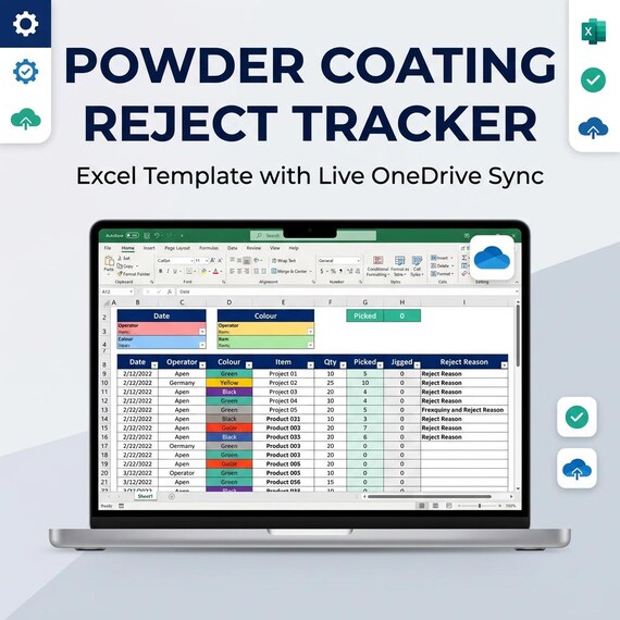 Powder Coating Reject Tracker Excel Template | Manufacturing Quality Control (Digital Download)