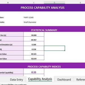Pode incluir: Uma captura de tela de uma planilha intitulada "PROCESS CAPABILITY ANALYSIS" com cabe&ccedil;alhos roxos e campos de dados brancos. A planilha exibe resumos estat&iacute;sticos, incluindo tamanho da amostra, m&eacute;dia, desvio padr&atilde;o e intervalo. A guia "Capability Analysis" est&aacute; destacada.