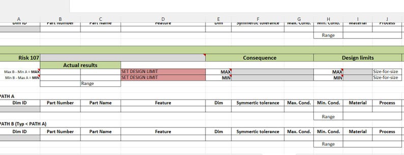 Pode incluir: Uma planilha com v&aacute;rias colunas e linhas, incluindo t&iacute;tulos como "N&uacute;mero da pe&ccedil;a", "Caracter&iacute;stica" e "Limites de projeto". As c&eacute;lulas cont&ecirc;m texto e dados, com algumas se&ccedil;&otilde;es destacadas em vermelho e verde.