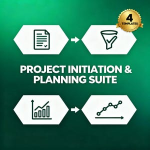 May include: An infographic with a green gradient background. The text "PROJECT INITIATION & PLANNING SUITE" is displayed in white. Four white hexagonal shapes with black icons and arrows illustrate a process. A gold badge reads "4 TEMPLATES".