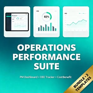 Pode incluir: Uma imagem que mostra um conjunto de painéis de controle de operações comerciais. O conjunto inclui três telas digitais com visualizações de dados, incluindo gráficos. O texto "OPERATIONS PERFORMANCE SUITE" é exibido de forma proeminente, junto com "PM Dashboard", "OEE Tracker" e "Cost Benefit".