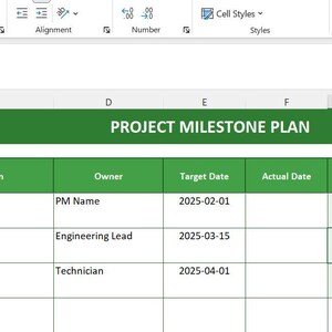 May include: A screenshot of a Microsoft Excel spreadsheet titled "PROJECT MILESTONE PLAN." The spreadsheet has columns for milestone number, description, owner, target and actual dates, status, and percentage complete. The status of the project is "Upcoming" or "Complete."