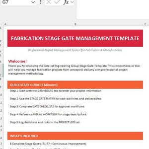 May include: A digital document titled "FABRICATION STAGE GATE MANAGEMENT TEMPLATE" with red and orange highlights. The document provides a quick start guide and details on managing fabrication projects, including dashboards and checklists.