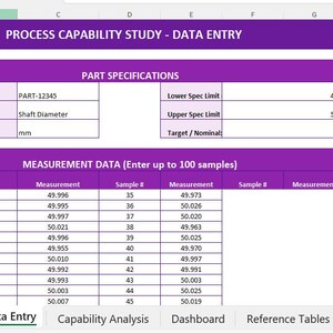 Pode incluir: Uma captura de tela de um formul&aacute;rio de entrada de dados intitulado "PROCESS CAPABILITY STUDY - DATA ENTRY". O formul&aacute;rio inclui campos para o n&uacute;mero da pe&ccedil;a, di&acirc;metro do eixo e dados de medi&ccedil;&atilde;o em mil&iacute;metros. A tabela de dados mostra medi&ccedil;&otilde;es que variam de 49,955 mm a 50,026 mm.