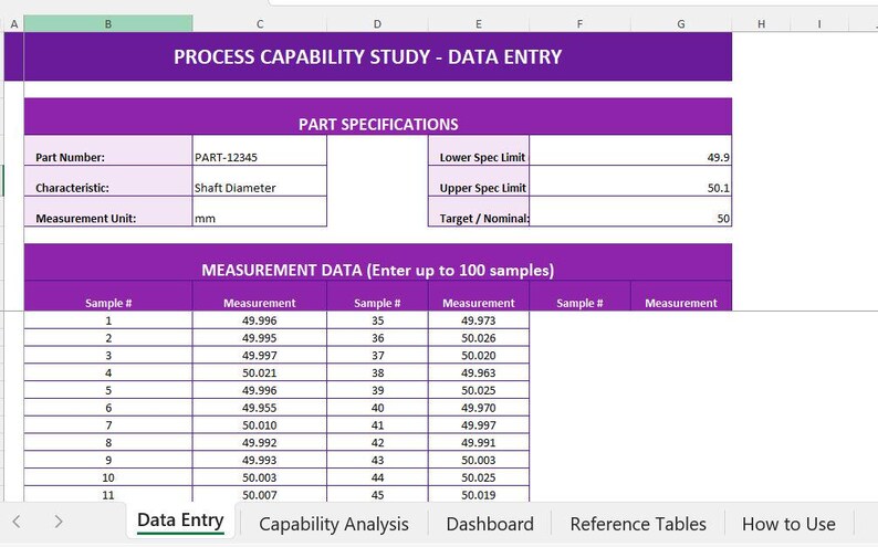 Pode incluir: Uma captura de tela de um formul&aacute;rio de entrada de dados intitulado "PROCESS CAPABILITY STUDY - DATA ENTRY". O formul&aacute;rio inclui campos para o n&uacute;mero da pe&ccedil;a, di&acirc;metro do eixo e dados de medi&ccedil;&atilde;o em mil&iacute;metros. A tabela de dados mostra medi&ccedil;&otilde;es que variam de 49,955 mm a 50,026 mm.