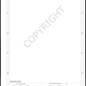Op de afbeelding: Een witte technische tekening met een zwarte rand. Het woord "COPYRIGHT" staat diagonaal over het midden. De onderkant van de tekening bevat een tabel en een diagram. De tekening is verdeeld in secties met lijnen en nummers.