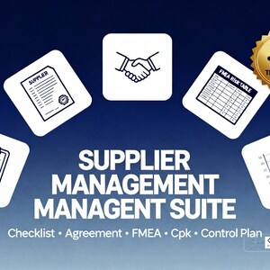 Op de afbeelding: Afbeelding met de tekst "SUPPLIER MANAGEMENT MANAGEMENT SUITE" en pictogrammen die checklists, overeenkomsten en risicotabellen vertegenwoordigen. Een gouden badge leest "BUNDLE 5 TEMPLATES". De achtergrond is een donkerblauwe gradiënt.