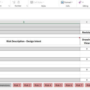 Pode incluir: Uma captura de tela de uma planilha no Microsoft Excel. A planilha cont&eacute;m linhas e colunas com t&iacute;tulos como "Risk No.", "Risk Description - Design Intent" e "Min/Max Result". A planilha &eacute; organizada com dados e valores num&eacute;ricos.