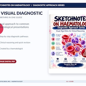 May include: A 20-page digital PDF guide titled Sketchnotes on Haematology: Diagnostic Approach Series. The cover features 15 visual diagnostic algorithms, illustrations of blood cells, and text detailing clinical reasoning for medical professionals.