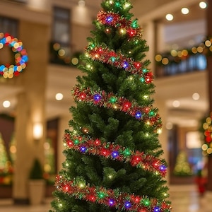 May include: A decorated Christmas tree with red and green tinsel garland and colorful lights. The tree is in a well-lit indoor space, with other festive decorations visible in the background.