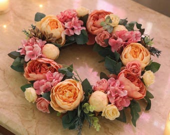 Corona de flores de peonía artificial / Corona floral de seda / Decoración de mesa para San Valentín