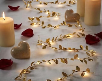 Guirnalda de luces con hojas doradas / Luces LED blancas cálidas, decoración de mesa