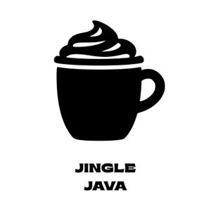 Puede incluir: Gráfico en blanco y negro de una taza de café con crema batida y el texto "JINGLE JAVA" debajo. La taza tiene un asa y una forma redondeada, y la crema batida está arremolinada encima.