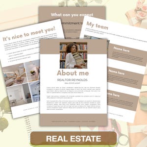 May include: A collection of real estate marketing materials, including brochures and business cards. The central brochure features a photo of a woman holding books, with the text "About me" and "REALTOR REYNOLDS". The color scheme is primarily beige and white.