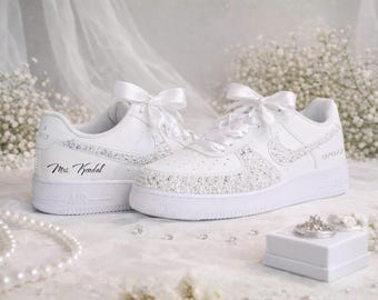 Custom Pearl Bridal Sneakers – Personalized Wedding Sneakers With Crystals, Luxury White Gift For Bride