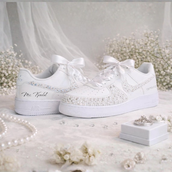 Custom Pearl Bridal Sneakers – Personalized Wedding Sneakers With Crystals, Luxury White Gift For Bride