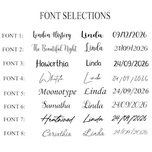 May include: A white background displays font selections. The text "FONT SELECTIONS" is at the top. Eight font styles are shown with the name "Linda" and a date. Font styles include "London History", "The Beautiful Night", and "Haworthia".