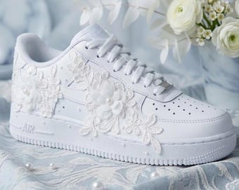 Custom Bridal Sneakers, Lace Wedding Air Force 1, Pearl Floral AF1, White Bride Shoes, L_12