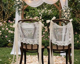 Just Married Wedding Chair Covers, Lace Chair Signs with Ribbon, Romantic Wedding Table Decor