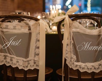 Sheer Lace Just Married Signs for Chairs - Bride & Groom Sweetheart Table Sign Decor