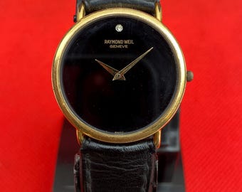Vintage Rare Classic Raymond Weil Quartz Black Dial With One Dimond at 12 Dress Wristwatch for Unisex
