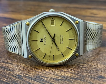 Vintage Rare Classic Tissot Seastar Quartz Golden Dial Pie Pan Style Date Function Swiss Wristwatch for Men’s