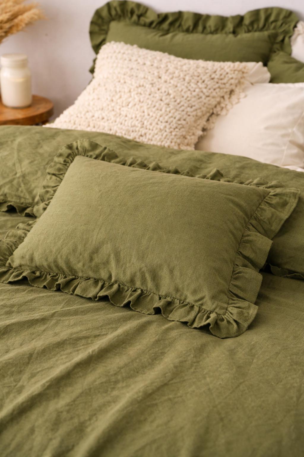 Moss Green Ruffle Duvet Cover Set | 100% Washed Cotton Bedding - Etsy