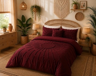 Burgundy Boho Duvet Cover , Tufted Sunburst Bedding , Bohemian Bedroom Decor