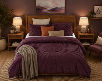 Funda nórdica Boho Plum, juego de ropa de cama con estampado de sol acolchado, funda de edredón de algodón texturizado,