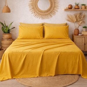 Mustard Yellow Cotton Sheet Set | Flat and Fitted Sheet & Pillowcases |  | Custom Size Bedding