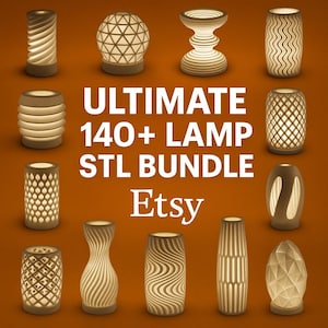 May include: A selection of 12 illuminated white lamps, each with a unique design, from geometric to organic shapes. The image features the text "ULTIMATE 140+ LAMP STL BUNDLE Etsy". The lamps are displayed against a warm orange backdrop, highlighting their intricate patterns.
