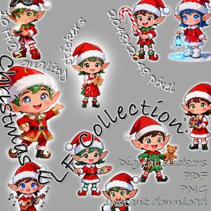 Christmas Elf Sticker Pack – 10 PNG + PDF | Cute Holiday Stickers - Very High Quality - Instant download