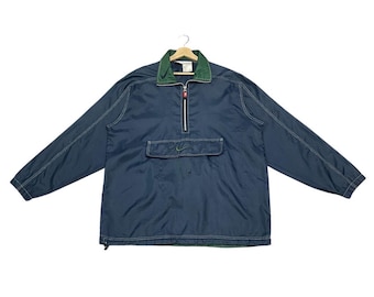 RARE — Vintage 90s Nike Dark Blue Swoosh Big Logo Half Zipper Anorak Windbreaker Jacket Size L