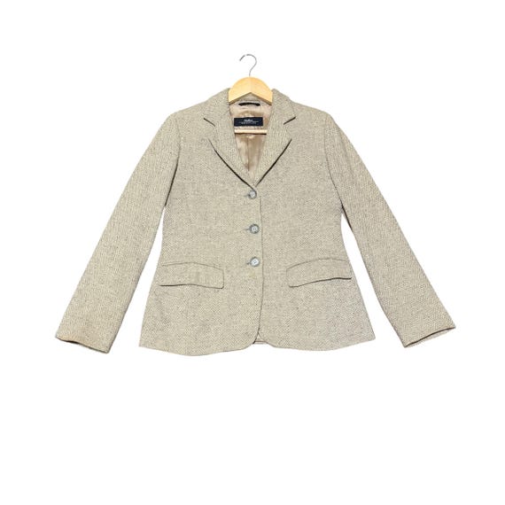 Weekend Max Mara, RARE!!! Vintage 90s Max Mara Weekend Line Beige Academia Minimalist 100% Virgin Wool Herringbone Tweed Blazer Jacket, Size IT 36, US 2