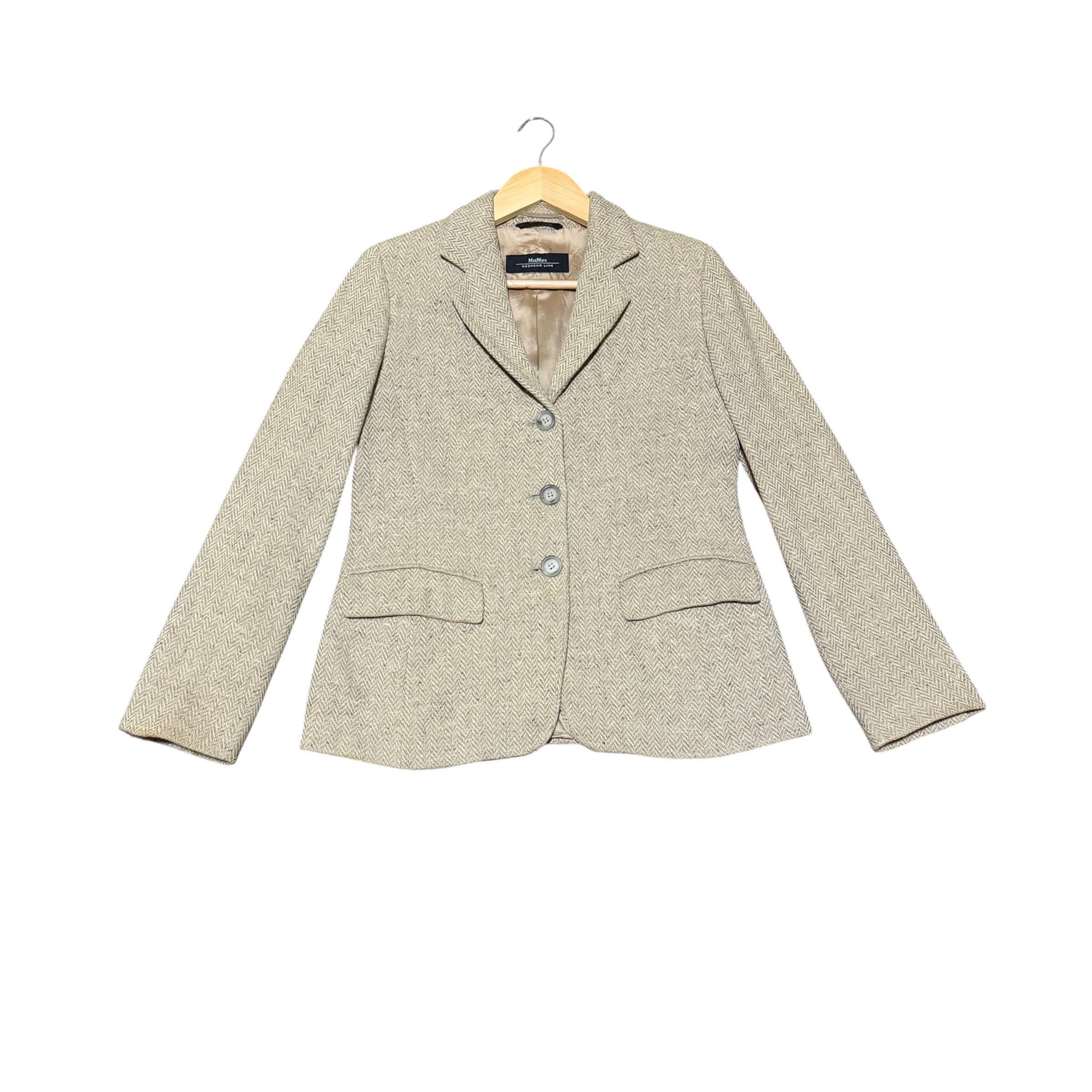 Weekend Max Mara, RARE!!! Vintage 90s Max Mara Weekend Line Beige Academia Minimalist 100% Virgin Wool Herringbone Tweed Blazer Jacket, Size IT 36, US 2