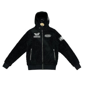 May include: Black hooded jacket with a fuzzy texture, featuring a zipper closure and multiple patches. The jacket has a hood and two front pockets. The patches include the "Von Dutch" logo and other racing-themed designs. The cuffs and hem are ribbed.