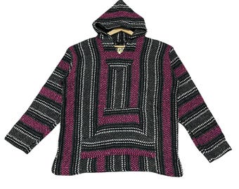 RARE!!! Vintage 90s Baja Joe Made in Mexico Multicolors Grunge Boho Woven Poncho Drug Rug Pullover Hoodie, Size XL