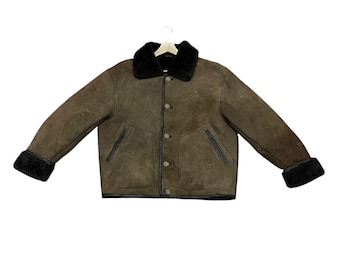 RARE!!! Vintage 90s Brown Suede Sheepskin Leather Shearling Flight Motorcycle Jacket (Size 48)