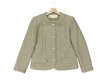 ¡¡¡RARÍSIMA!!! Chaqueta corta sin cuello Miss Balmain Paris Beige Academia Chic, 100% lana, estilo tweed de pata de gallo, de archivo vintage de los años 80, talla 11.