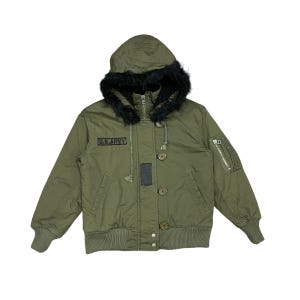 May include: Olive green bomber jacket with a hood trimmed with black faux fur. The jacket features a "U.S. ARMY" patch, a zipper closure, and multiple pockets. The cuffs and hem are ribbed.